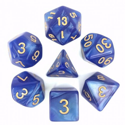 Blue Marble Roleplaying Dice Set ideal for DND with matching small cotton drawstring dice bag